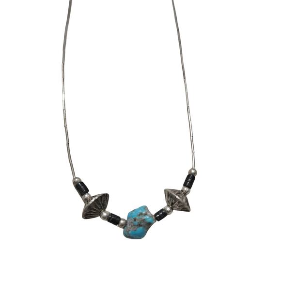 1970s Sterling Silver Liquid Beads Turquoise Stone Necklace - Picture 2 of 3